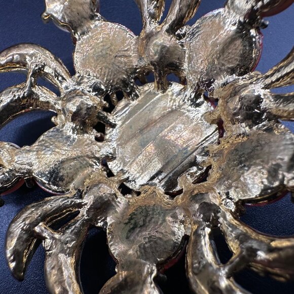 Vintage Brooch Pin Orange Clear Rhinestones Faux Tone Gold Tone Star Burst Swirl - Picture 6 of 8